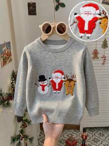 Boys' Christmas Santa Claus Embroidered Crew Neck Sweater, Long Sleeve Pullover For Autumn & Winter - Grey - View 3