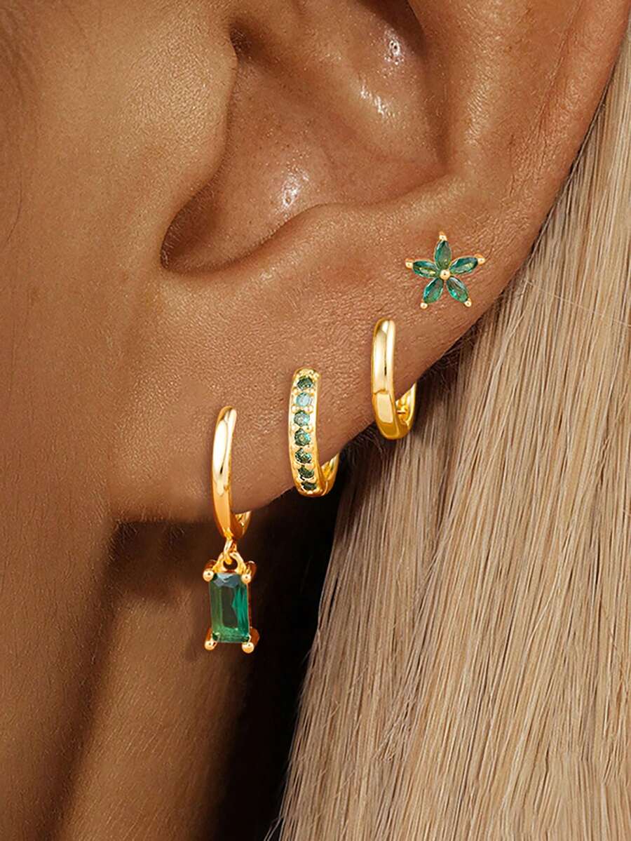 4PCS Light Luxury Geometry Dangle Earrings Set For Women 18K Gold Plated Green Zirconia Flower Ear Stud Elegant Engagement Birthday Jewelry Gift - 1-gold-4pcs - View 1