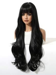 Topshe 30 Inch Shiny Solid Black Extra Long Wavy Wig, Flowy Inward Layered Ends & Full Flat Bangs, Anti-Frizz Smooth Synthetic Hair, Flexible Wearable Cap, Great For Hairstyle Upgrade, Role Play, Photo Shoot, Timeless Elegant Hair Wig - Piano Color - View 6