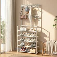 EZIFY Porte-chaussures et porte-manteaux autoportant 3 en 1, porte-manteaux en métal avec étagère à 5 niveaux et 8 crochets, pour l'entrée, le couloir ou le hall d'entrée. - Noir 60 cm - Voir 9