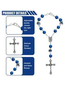 2pcs Car Rearview Mirror Hanging Ornaments, Blue Ceramic Bead Pendant, Car Interior Rearview Mirror Decorative Accessories, Unisex Car Medal And Cross Hanging Charms - A - View 3
