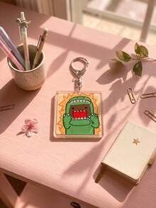 6Pcs Domo-Kun Classic Anime Character Theme Square Acrylic Keychains, Including Rapper, Red Frame Glasses, Graffiti Text, Sushi Feast, Minimalist Square Face And Dinosaur Designs, Fashionable Bag Charms, Suitable For Fan Gifts, Cute Collectibles, All Season Use. - Multicolor - View 7