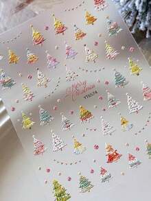 Christmas Theme Face Decoration Sticker Set With Tweezers, Self-Adhesive, Colorful Gradient Christmas Tree Pattern Face Stickers With Colorful Strip Hanging Decor And Heart Elements, Christmas Party, Portrait Photography, Holiday Party Face Makeup Tattoo Stickers - Multicolor - View 6