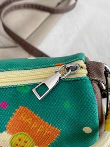 1pc Girls Cartoon Print Fabric Zipper Closure Cute Handbag/Crossbody Bag Suitable For All Seasons Daily Use With Pendant - A - View 7