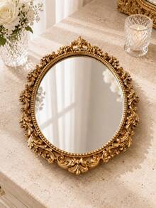 Vintage Gold Oval Mirror Jewelry Tray, Baroque Carved Vanity Storage Dish, Suitable For Rings, Earrings, Necklaces And Bracelets Storage, Vanity And Bathroom Countertop Decor - Multicolor - View 8