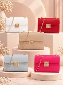 1pc Women's Sweet Style Multi-Color Chain Small Square Bag, Textured Flap Lock Bag, Versatile Shoulder Crossbody Small Bag - LB617 - View 2
