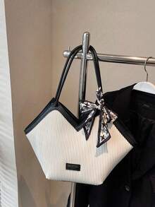 Shoulder Bag, Vertical Striped Body With Contrast Color Trim, Handheld Long Strap Design, Decorated With Silk Scarf Bow, Spacious Interior, Unique And Minimalist Style, Versatile For Commuting And Travel - White - View 5