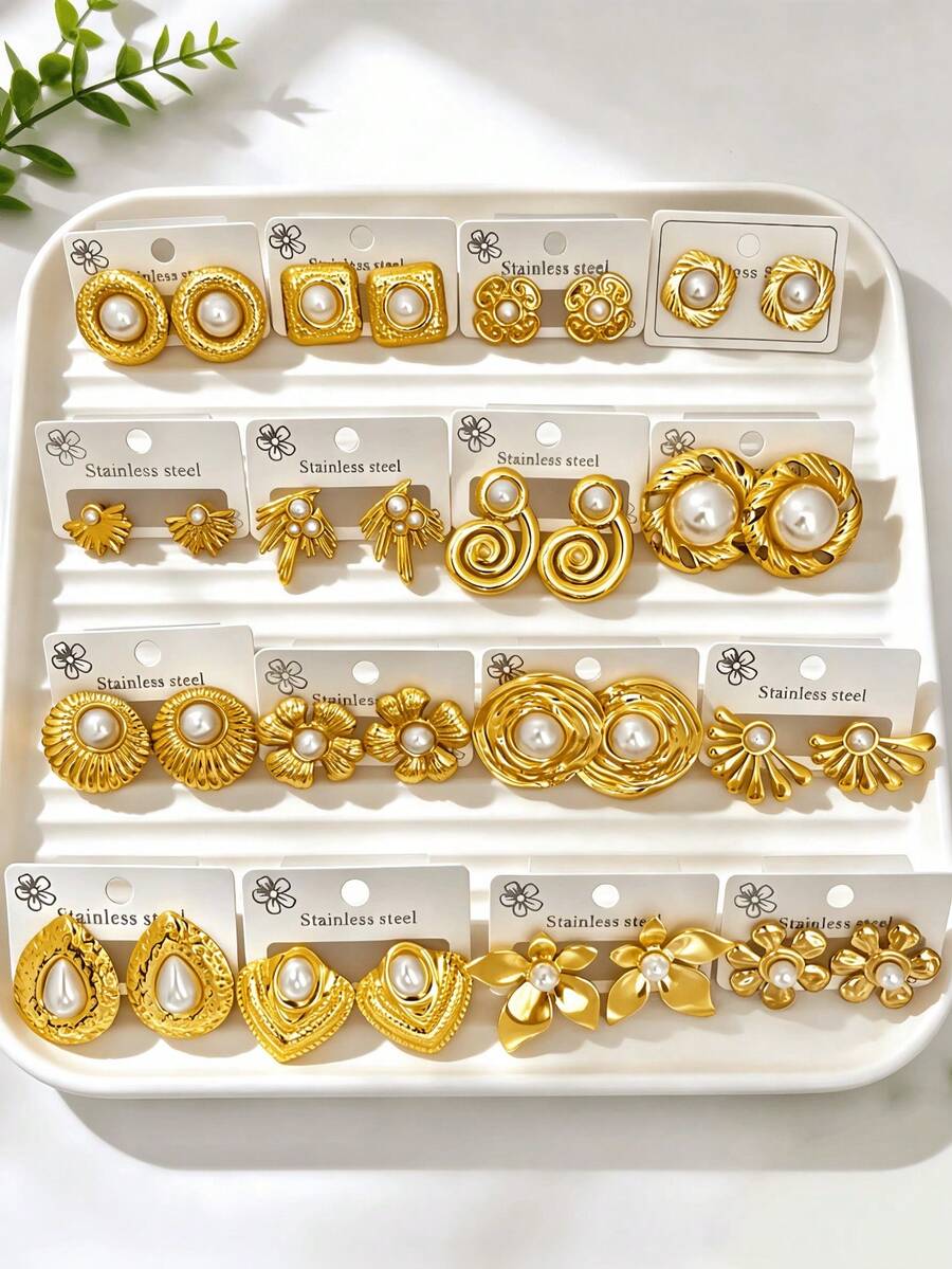 24pcs Stainless Steel Earrings Set, Low Allergy, Non-Fading, Decorated With Faux Pearls, Suitable For Daily Wear, Beach Accessories, Women Earrings, Graduation Gift - Pearl Earrings - View 1