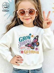 سويت شيرت أطفال بياقة دائرية باللون الأبيض، مطبوع عليه عبارة GROW THROUGH مع رسومات فراشات وزهور ملونة وكلمات تحفيزية بالإنجليزية، بأكمام طويلة - أبيض - مشاهدة 10