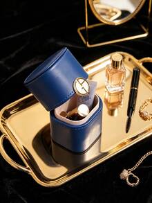 3‑Colors Available Faux‑Leather Flip‑Top Square Cosmetic Storage Box Magnetic Metal Logo Buckle Double‑Layer Organizer For Lipstick Makeup Brush Small Jewelry Desktop Travel Holiday Gift Armani - Navy Blue - View 3
