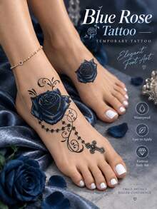 Blue Rose & Cross Temporary Tattoo For Women, Gothic Floral Body Art Sticker, Waterproof Long-Lasting Ankle & Foot Tattoo, Easy To Apply, Romantic Rose Design For Party, Festival, Cosplay & Everyday Style - Multicolor - View 4