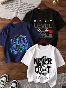 3pcs Boys' Popular Graphic Print Round Neck Short Sleeve T-Shirts, Summer Tops - Black - View 1