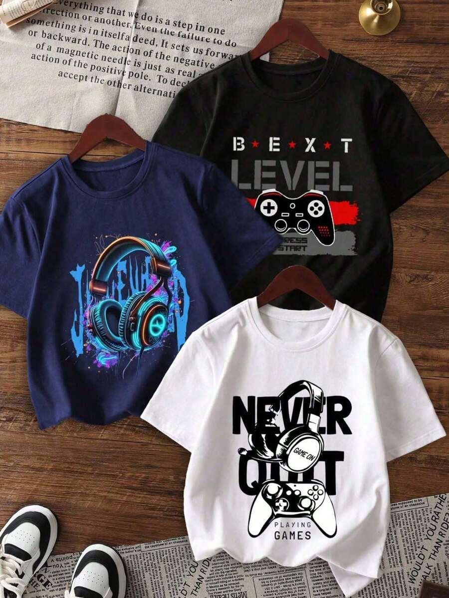 3pcs Boys' Popular Graphic Print Round Neck Short Sleeve T-Shirts, Summer Tops - Black - View 1