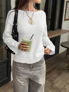 Live To Mo Women's White Round Neck Long Sleeve Pullover Sweater, Casual And Versatile, Chic For Fall Back To School Season, Daily Street Wear - White - View 6