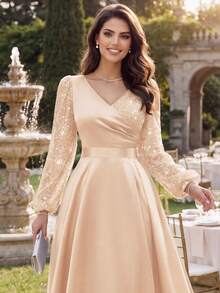 MIUSOL Glitter Floral Lace Contrast Satin Lantern Sleeve Modest Formal Party Maxi Dress,For Wedding Guest,Graduation,Dinner - Champagne - View 9