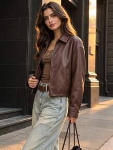 Women Fall Collared Zip‑Up Jacket, Long Sleeve Pocketed Cropped Vintage Short Outerwear Coat - Brown - View 8