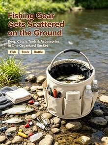 Collapsible Outdoor Water Bucket With Multiple Side Pockets, Portable Hand-Carried Water Container, Metal Handle, Foldable Bucket For Fishing, Camping, Gardening, Yard Work And Outdoor Activities - Portable Version - View 5