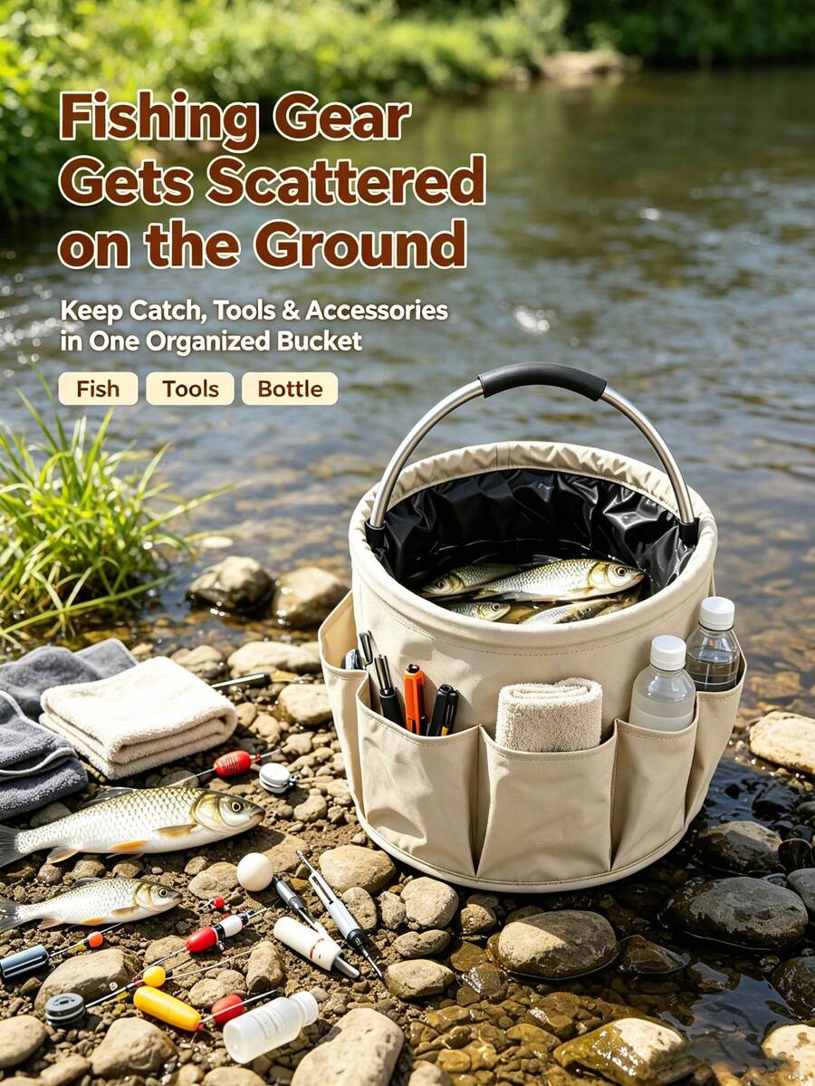 Collapsible Outdoor Water Bucket With Multiple Side Pockets, Portable Hand-Carried Water Container, Metal Handle, Foldable Bucket For Fishing, Camping, Gardening, Yard Work And Outdoor Activities - Portable Version - View 1
