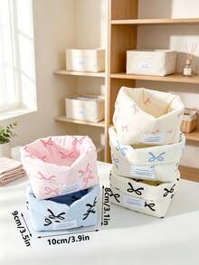 1pc Cute Bow Print Fabric Storage Basket Foldable Desktop Cosmetic Organizer Bin Portable Makeup Holder Box Small Sundries Accessories Storage Bucket - Multicolor - View 11