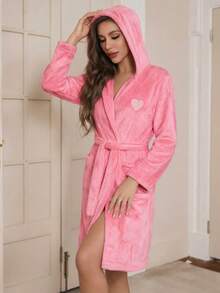 1 chiếc áo choàng tắm/đồ mặc nhà/pijama nữ tay dài có thắt lưng, hình trái tim, màu trơn, ấm áp và thoải mái - Hồng - Xem 2