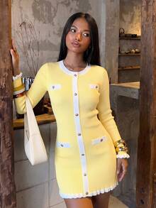 Women's New Autumn Elegant Contrast Color Metal Button Dress, Paired With Elegant Ruffle Blazer, Yellow Dress, Featuring Front Button Design Fall - Yellow - View 6