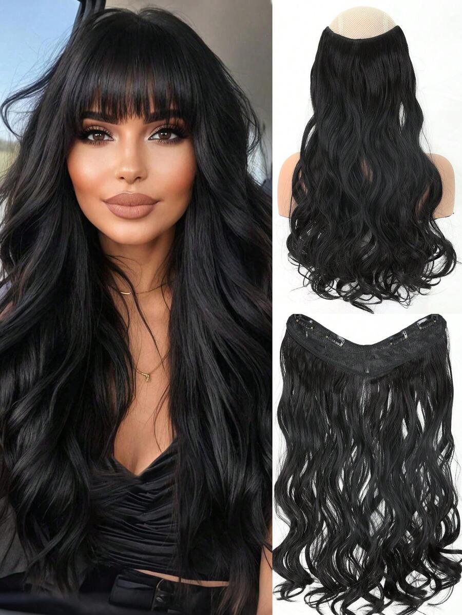 Clip-In Hair Extensions, 16-28 Inch Wavy/V-Shaped Hair Extensions, One-Piece Black Color, Lightweight Hair Extensions With 4 Clips, For Women, Halloween