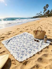 1PC White Base Blue Floral Printed Picnic Blanket With Ruffle Edge, Vintage Cottagecore Style, Soft Lightweight Fabric, Foldable & Portable, Outdoor Mat For Park, Beach, Backyard, Spring Summer Family Picnic Gathering - Ins Style - View 3
