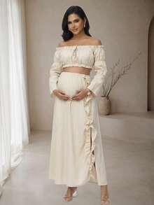 JustVH Maternity 2-Piece Set Off-Shoulder Bell Sleeve Top & Ruffle Slit Skirt, Suitable For Beach Photos And Baby Shower Party - Apricot - View 7