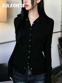 Korean Style Design Lapel Single-Breasted Ribbed Long Sleeve T-Shirt, Slim Fit, Solid Color, Inner Layer, Versatile For All Seasons - Black - View 9