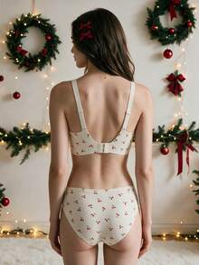 Women's Red Cherry Print Wireless Bra & Panty Set, Cute Japanese Style Christmas Design, V-Neck Wide Strap With Tapered Fit, Adjustable Buckle, Removable Pads, Soft Lingerie Set - Red and White - View 2