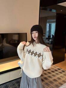 Women's Argyle Round Neck Pullover Sweater, New Autumn/Winter Casual Design Slim Fit Flattering Knit Top (Random Print) - Off White - View 2