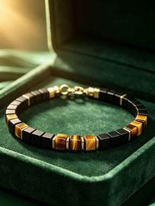 1pc Obsidian Cube And Tiger's Eye Bracelet-Attracts Abundance And Prosperity; An Ideal Choice For Daily Wear. - Multicolor - View 2