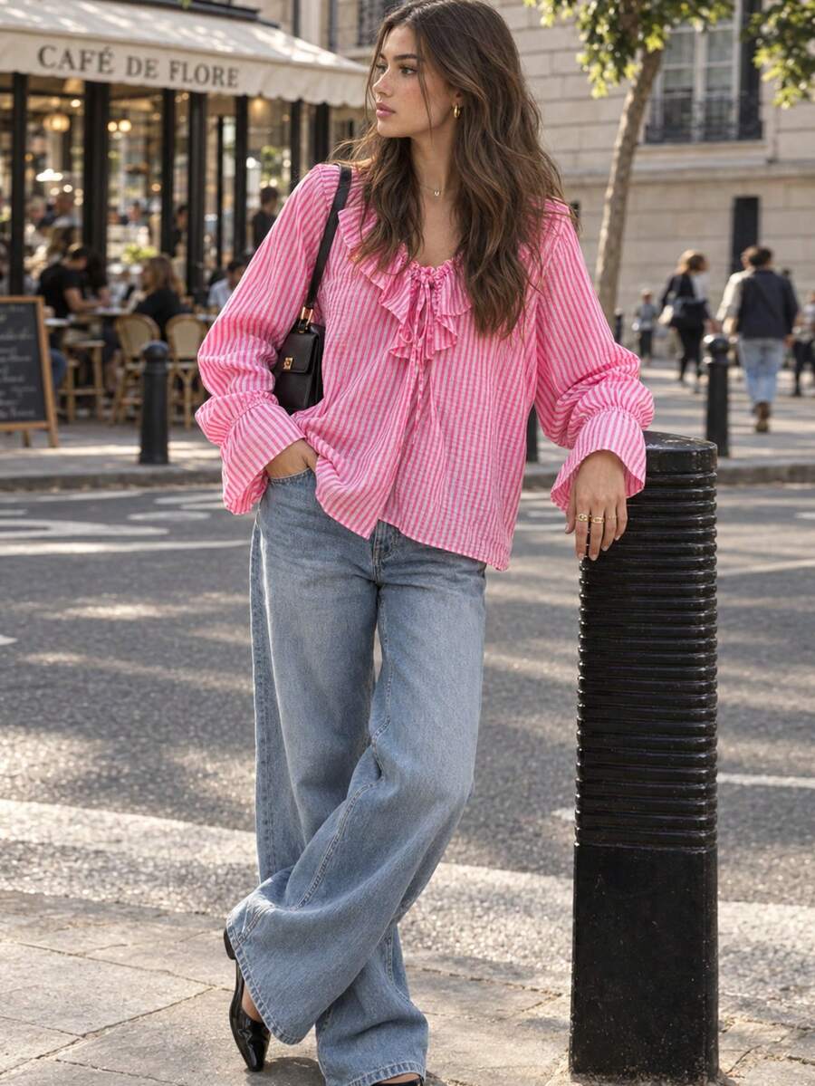 Blus Wanita Baru dengan Motif Garis-Garis dan Rumbai/Ruffle, Atasan Baru untuk Liburan Pantai Musim Gugur/Dingin Warna Pink - Berwarna merah muda - View 1