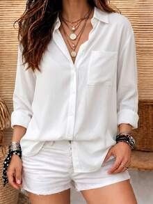 Women's Solid White Shirt, Collared Long Sleeve Button Front Pocket Blouse For Business, Office, Commute, Home, Holiday, Spring Fall Winter - White - View 9
