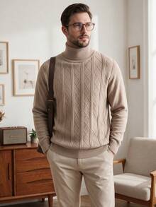 Men's High Neck Cable Knit Argyle Pattern Sweater, Crew Neck Simple Casual Style, Business Commute Inner Layer Outer Wear Knit Top, Two-Collar Design - Apricot - View 2