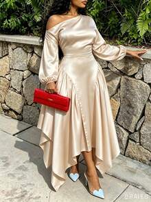 Plus Size Women's Solid Color One Shoulder Long Sleeve Asymmetrical Hem Elegant Satin Dress, Suitable For Birthday Party Occasions - Champagne - View 5
