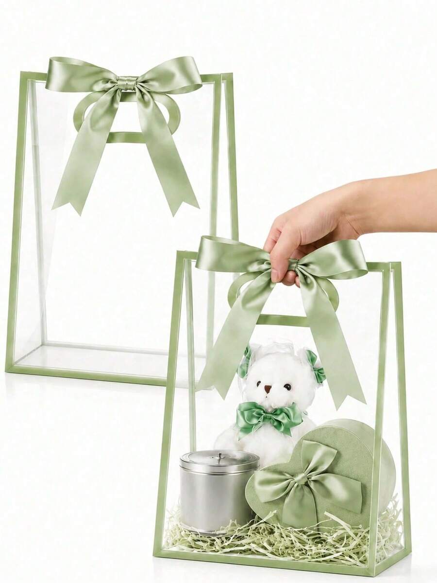 1/6pcs Creative Transparent Gift Bags With Black Trim And Bow Ribbon; Reusable Transparent PVC Tote Bags; Suitable For Weddings, Bridal Showers, Birthday Gift Packaging, High-End Gift Packaging And Boutique Floral Displays; (Multiple Colors Available) - Multicolor - View 1
