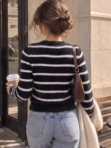 Women Fall Winter Black Contrast Striped Knit Cardigan, Long Sleeve Button Front Fashion Sweater, Casual Daily Going Out Back To School Hoco Outfit - Black and White Stripes - View 2