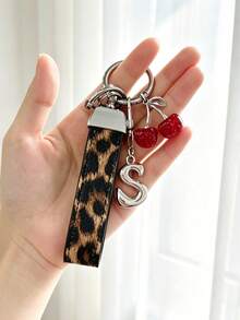 26 Alphabet Letter Keychain Pendant Creative Leopard Print PU Rope Key Strap, Cherry Charm, Car Keychain Pendant, Bag Charm Accessory, Key Decoration Accessory, 26 Letters To Choose From, Meaningful Gift For Family And Friends On Holidays - Brown - View 10