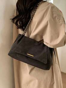 Solid Color Flap Chain Shoulder Bag, Fashionable Soft Crossbody Bag, Suitable For Girls, Women, - Coffee - View 3