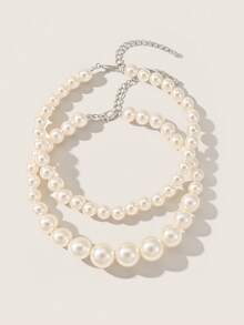 Valisandre 2pcs/Set Fashionable Elegant Asymmetrical Faux Pearl Beaded Necklace Set For Women's Gorgeous Evening Party Runway Jewelry - White - View 2