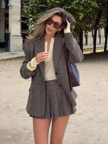 Women's Vintage Herringbone Knit Blazer, Pointed Collar Long Sleeve, Faux Pockets, Single-Breasted Closure, Regular Length Autumn Jacket - Dark Grey - View 2