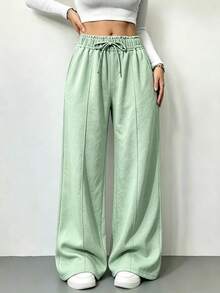 Pantalones holgados de pierna ancha, pantalones casuales de cintura alta fruncida con cordón, detalle de costura vertical - Verde - Ver 4