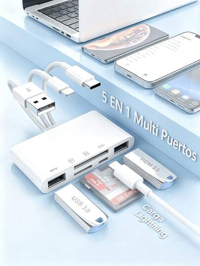 Lector de tarjetas Multi 5 en 1 Lightning+Type C+USB A para iPhone/iPad/Android/MacBook/ordenador/tableta/cámara/disco duro/pendrive, adaptador de memoria OTG para SD/Micro SD/SDHC/SDXC/MFI