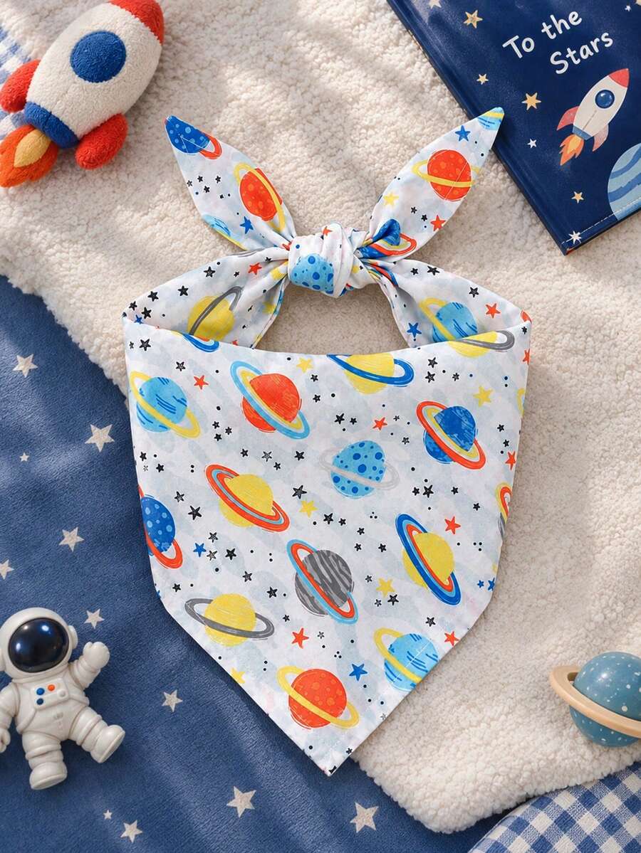 Grey Polyester Planet Print Pet Bandana Bib, Happy Little Dog, Suitable For Cats And Dogs Of Small To Medium Size (Bichon, Teddy), Suitable For Home Or Outdoor Wear All Year Round, Not Suitable For Large Dog Breeds