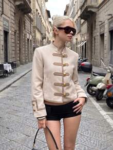 Imperial Style Short Jacket, Stand Collar Contrast Color Button Versatile Outerwear - Camel - View 1