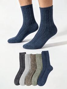 Men's 5 Pairs Random Color Retro Cable Knit Mid Calf Socks, Thick Warm Textured Crew Socks For Autumn Winter Daily Wear - Multicolor - View 2