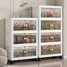 2/5-Tier PP Storage Cabinet 102x40x23cm, Stackable Mobile Cupboard With Transparent Doors & Wheels, Dustproof Moisture-Proof For Home - Beige - View 3