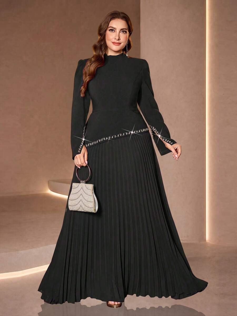 Plus Size Dress Women's Solid Color Small Stand Collar Asymmetrical Rhinestone Embellished Cuff Rhinestone Embellished Hem Pleated Extra Wedding - Black - View 1