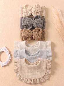 6PCS Girls Soft Khaki Ruffle Bibs, Cute Coffee Color Woolen Bow Headband Set, Suitable For Autumn/Winter Wear - Multicolor - View 11